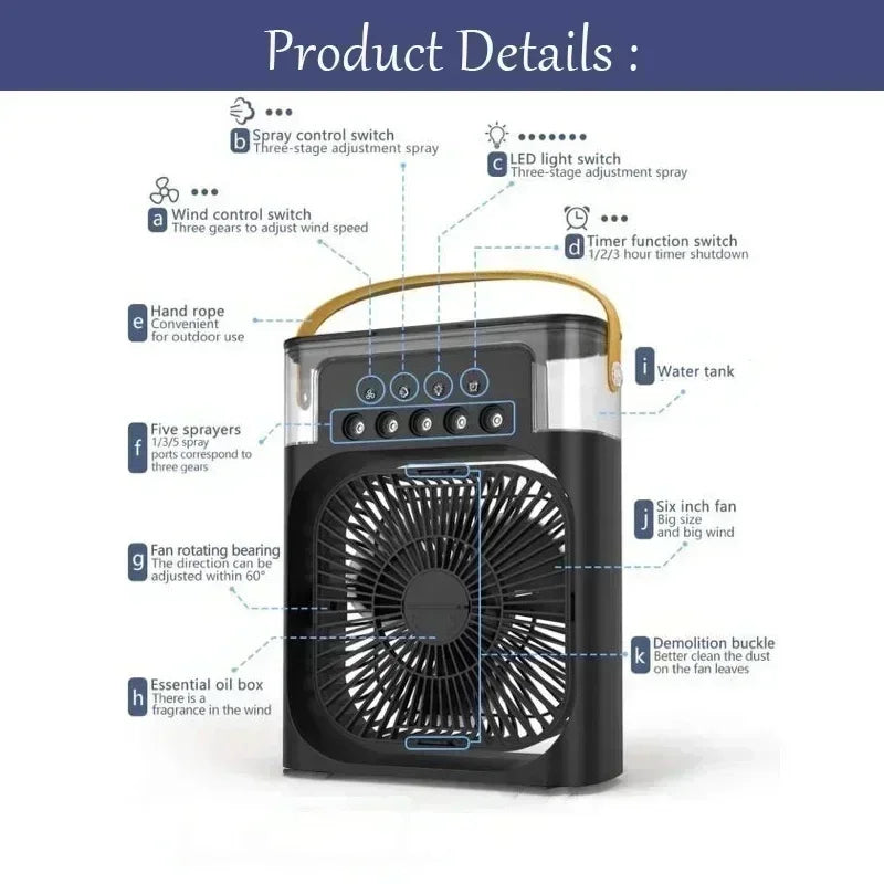 3-in-1 Mini Air Cooler Fan | Portable Humidifier & LED Night Light for Home & Office