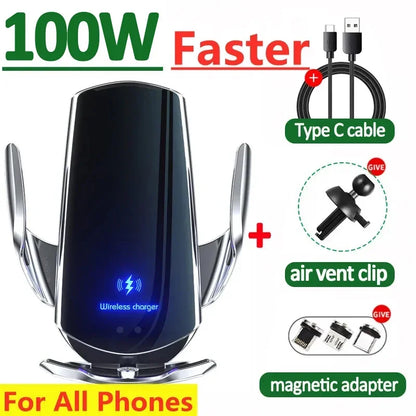 100W Magnetic Wireless Car Charger & Phone Mount – Fast Charging Holder for iPhone 11–15 Pro, Samsung, Xiaomi & More