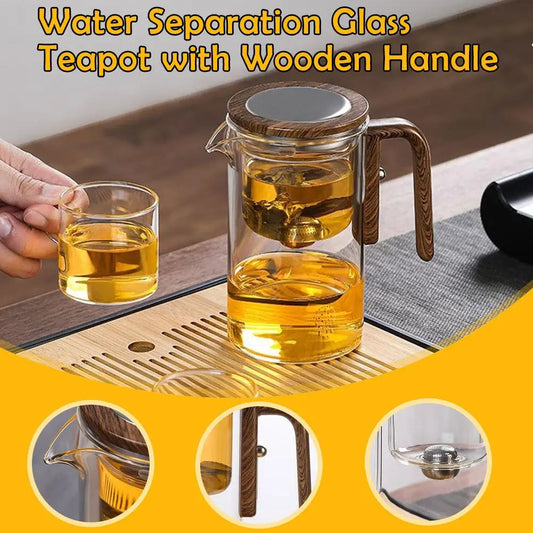 Misty Glass Teapot with Wooden Handle – Tea Leaf Separator, Heat-Resistant, Transparent Teaware (520ml / 720ml)