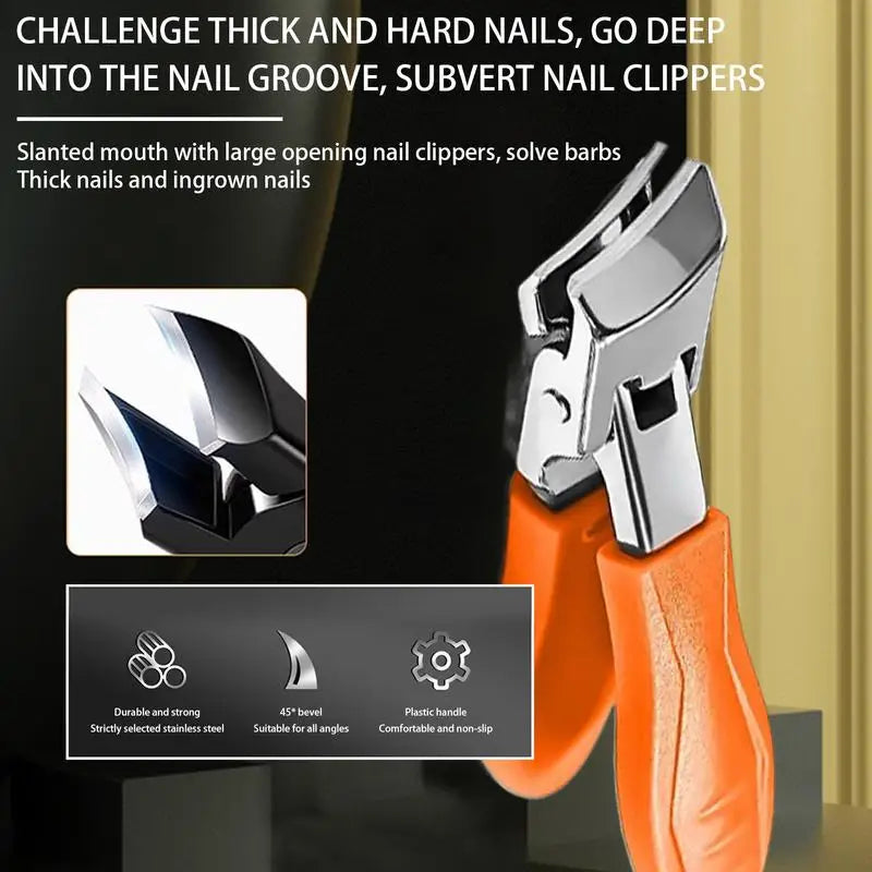 Slanted Nail Clippers with Wide Jaw – Anti-Splash Long Handle Clippers for Thick Toenails & Fingernails (Unisex, Stainless Steel)